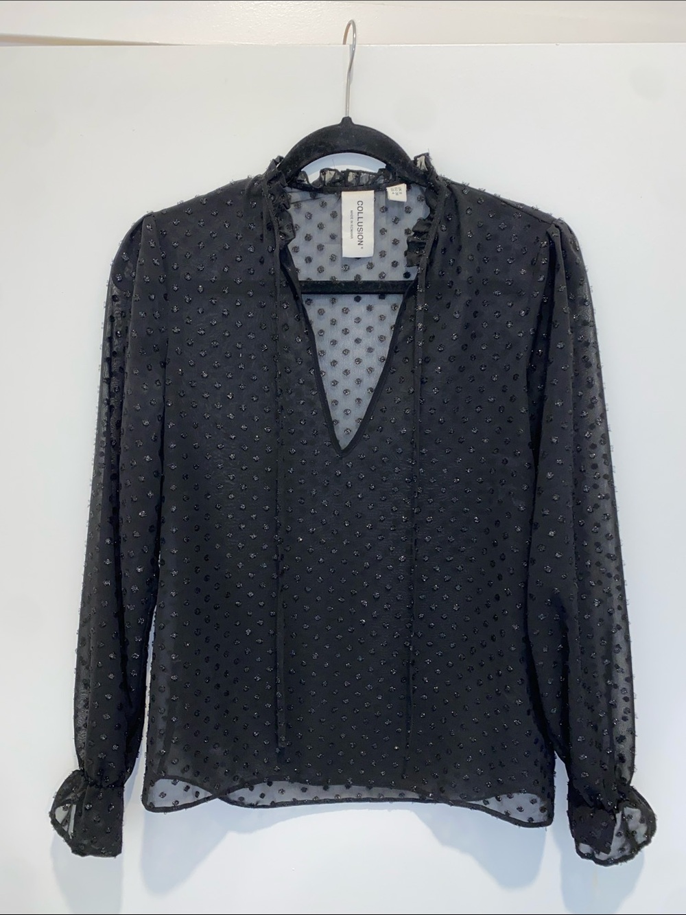 Collusion Black Swiss-Dot V-Neck Ruffled Blouse